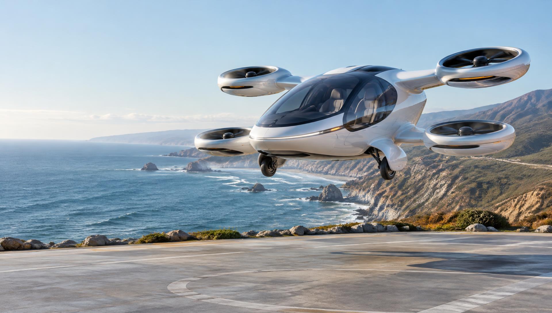 360 Falcon concept visualized above a sunlit coastal landing pad